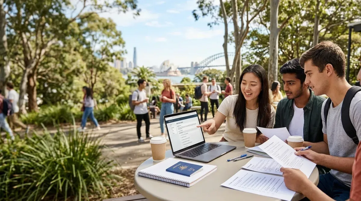 Students at an outdoor table reviewing documents on a laptop, with the Sydney Opera House and Harbour Bridge behind