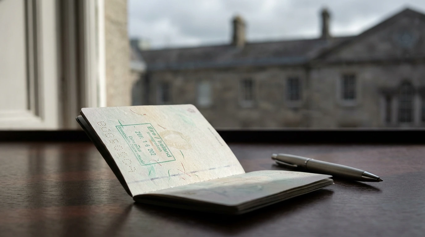 AI-generated illustration of an Irish passport with Dublin architectural backdrop