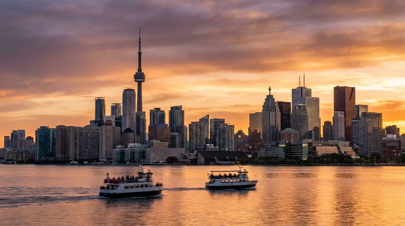 AI-generated illustration of the Toronto skyline at sunset