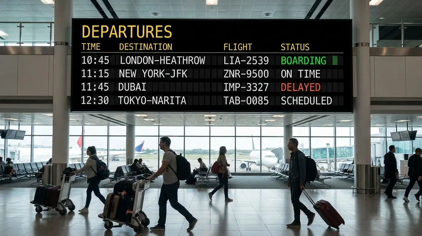 AI-generated illustration of an international airport departures hall with transiting travellers
