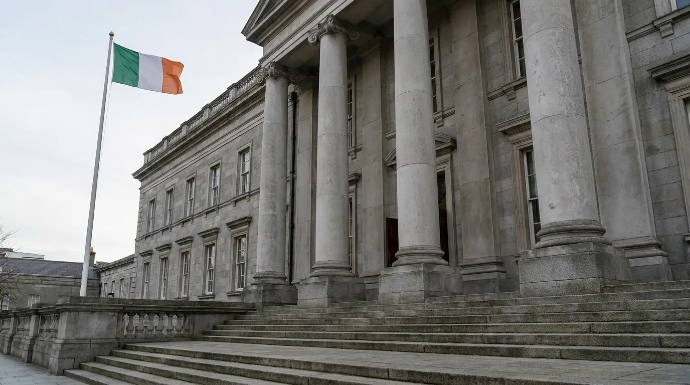 AI-generated illustration of a neoclassical Irish government building with the Irish tricolour flag